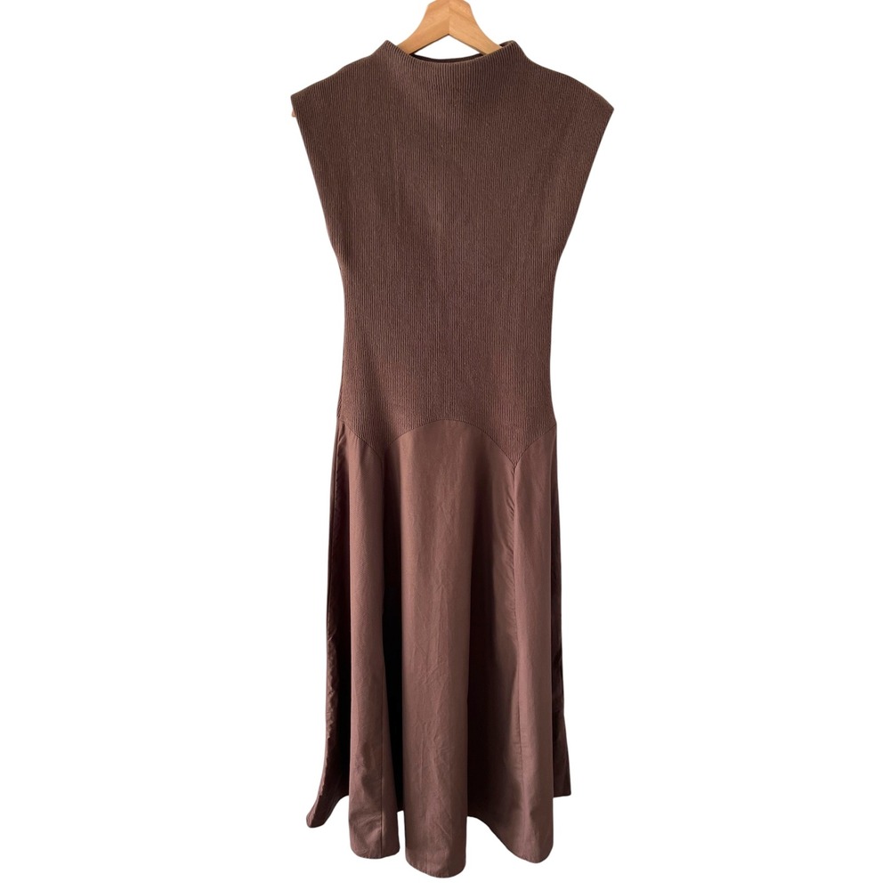 Zara Mixed Media Ribbed Knit Midi Dress Brown Mock Neck Sleeveless Small NWT